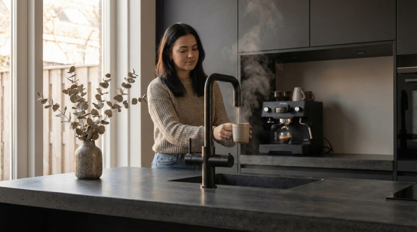Man tapt kokend water uit een zwarte kokend water kraan