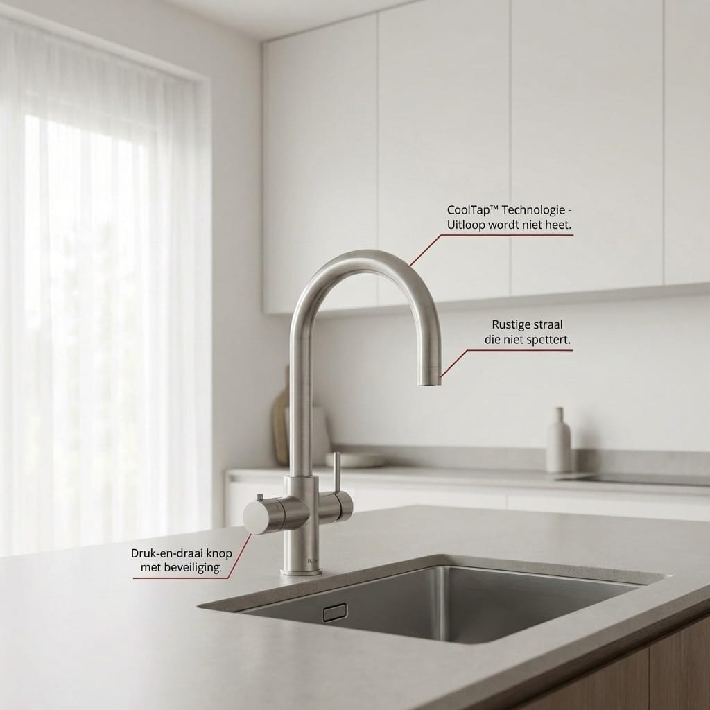 RVS kokend water kraan in een keuken met de verschillende veiligheidsmaatregelen beschreven