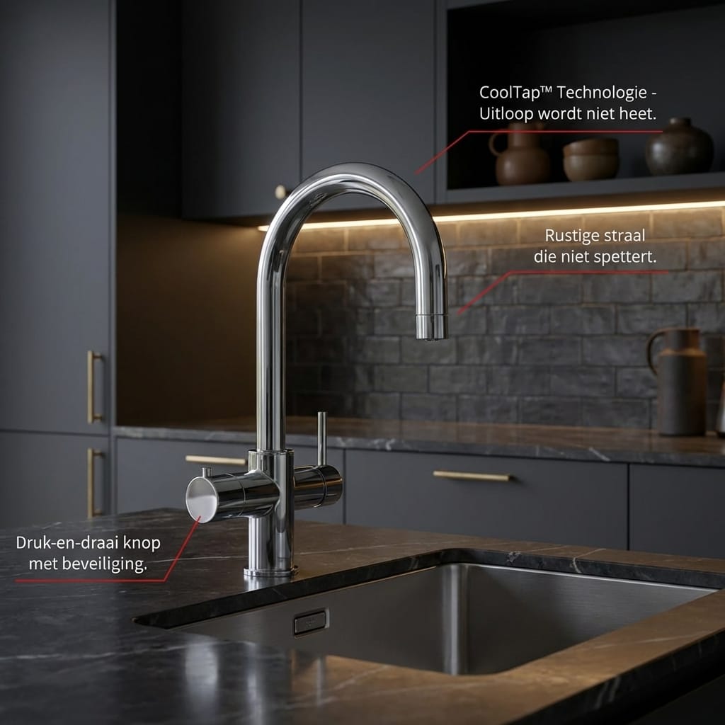 Kokendwaterkranen beschikken over verschillende veiligheidsfuncties zoals een beveiligde knop, een uitloop die niet warm wordt en een veilige straal die niet spettert.