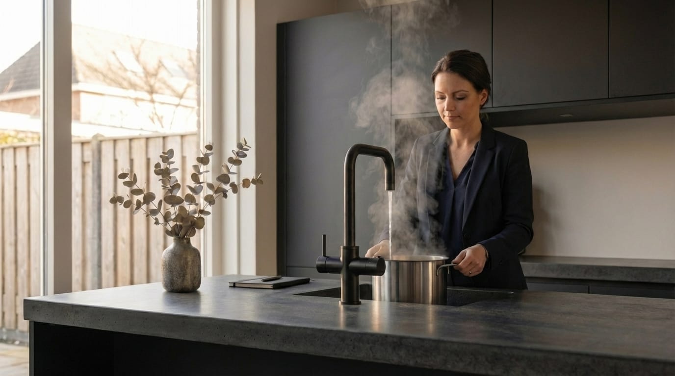 Kokend water kraan wordt gebruikt om pan te vullen