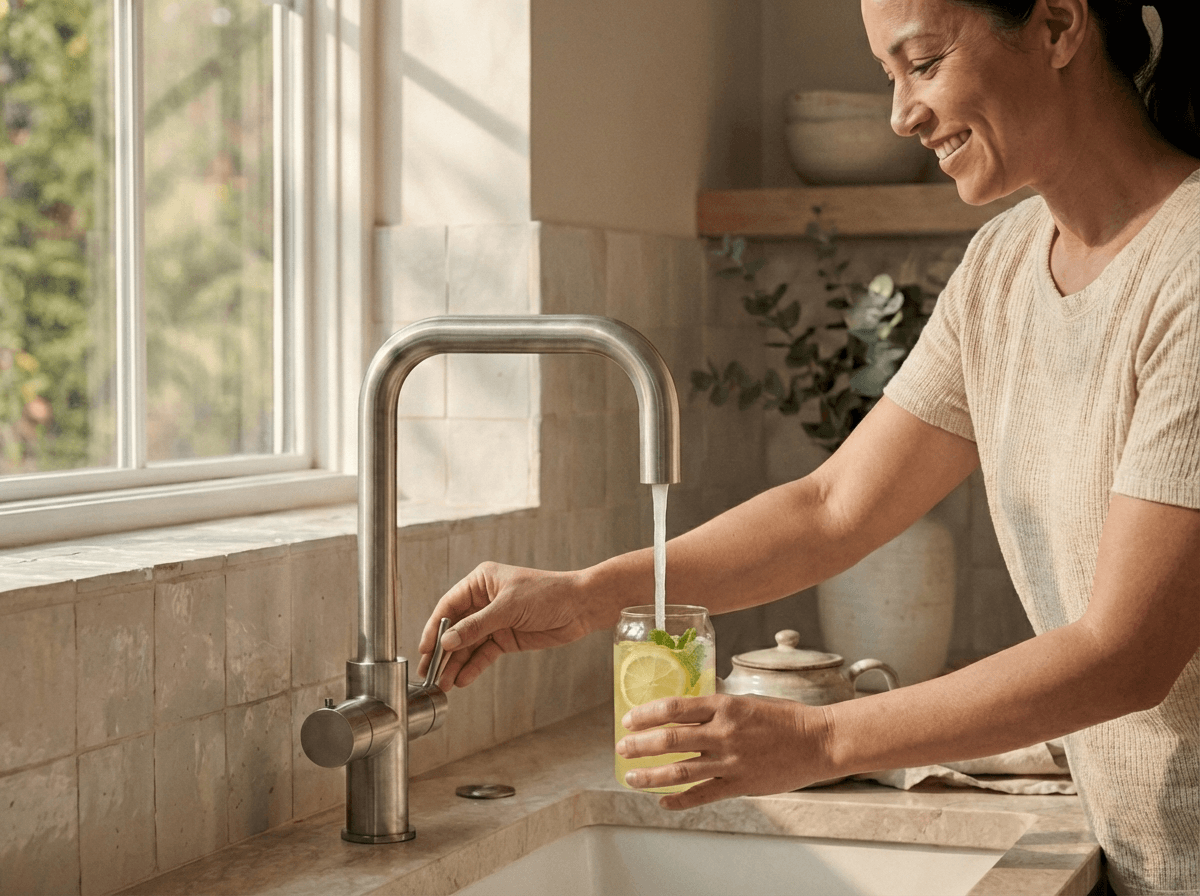 Kokendwaterkranen beschikken over verschillende veiligheidsfuncties zoals een beveiligde knop, een uitloop die niet warm wordt en een veilige straal die niet spettert.